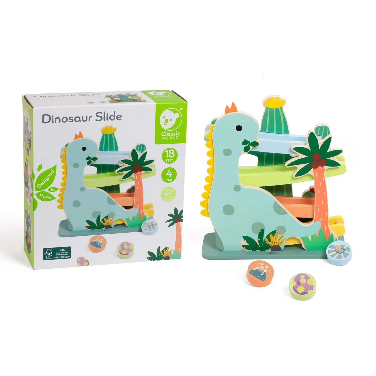 Wooden dinosaur ramp toy displayed beside its product box, showing the dinosaur figure, colourful tracks, palm tree detail, and three patterned wooden discs.