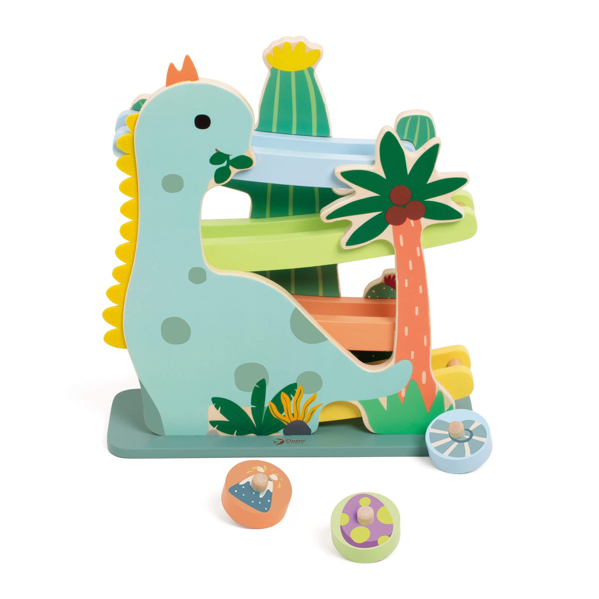 Classic World Dinosaur Slide wooden toy with pastel dinosaur shape, palm tree, cactus, and three patterned wooden rolling discs, designed for toddlers.