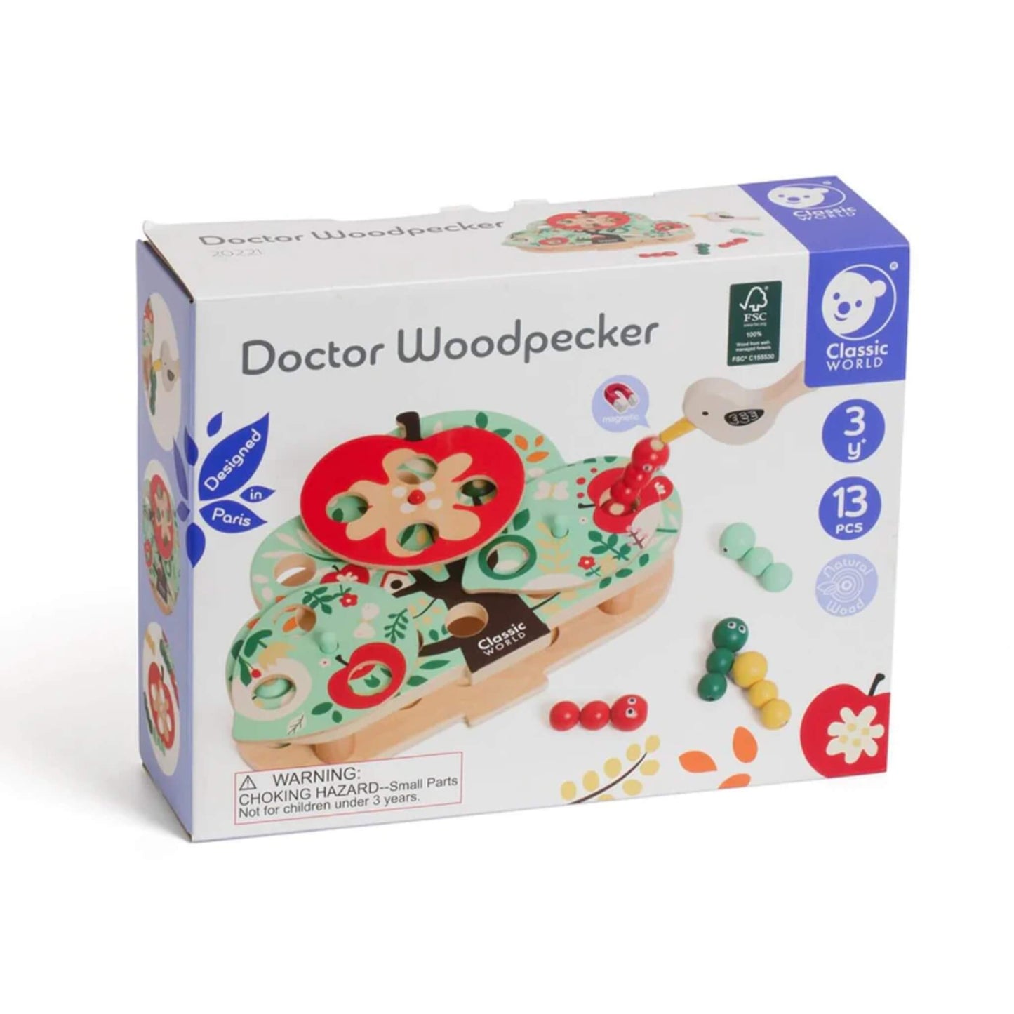 Box packaging for the Classic World Doctor Woodpecker wooden toy, showing an image of the toy tree, magnetic bird tool, and colourful wooden caterpillars, with age recommendation of 3 years and up.