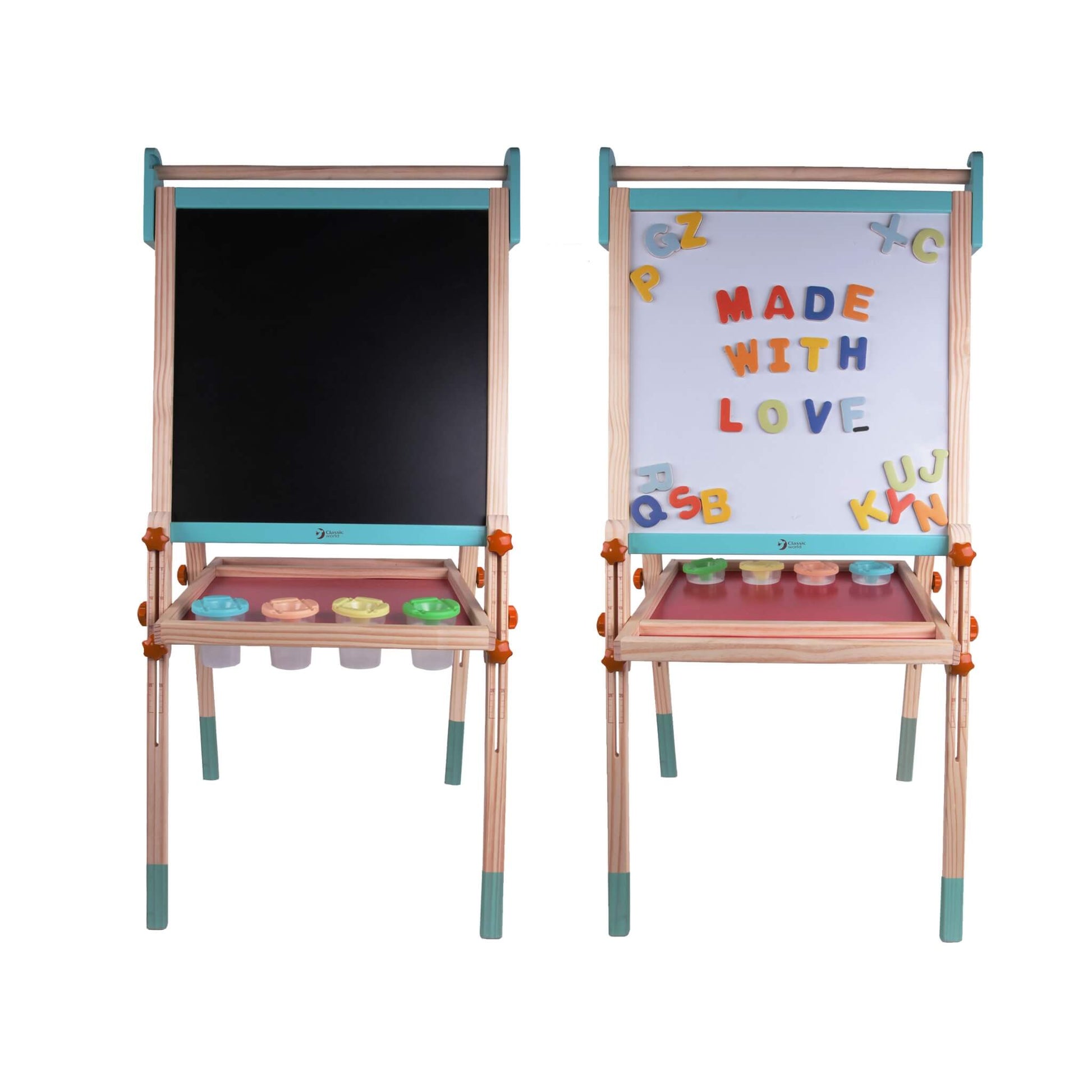 Classic World wooden children’s art easel with chalkboard and magnetic whiteboard, double-sided standing easel with paint pots and storage tray.