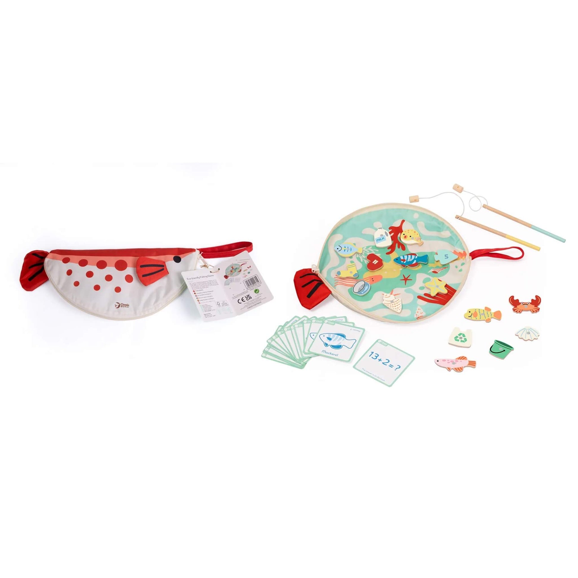 Classic World Magnetic Fishing Game with fish-shaped zip-up pouch, open play mat with undersea illustrations, wooden sea creatures, recyclable item pieces, magnetic fishing rods, and activity cards displayed.