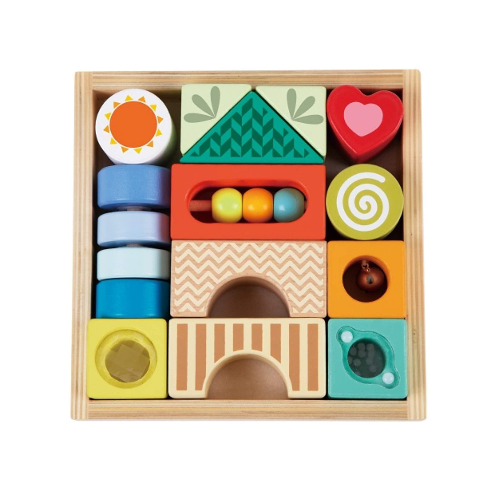 Classic World Exploration Blocks wooden sensory block set arranged in a square tray, featuring colourful shapes with beads, rattles, patterns, and cut-out details.