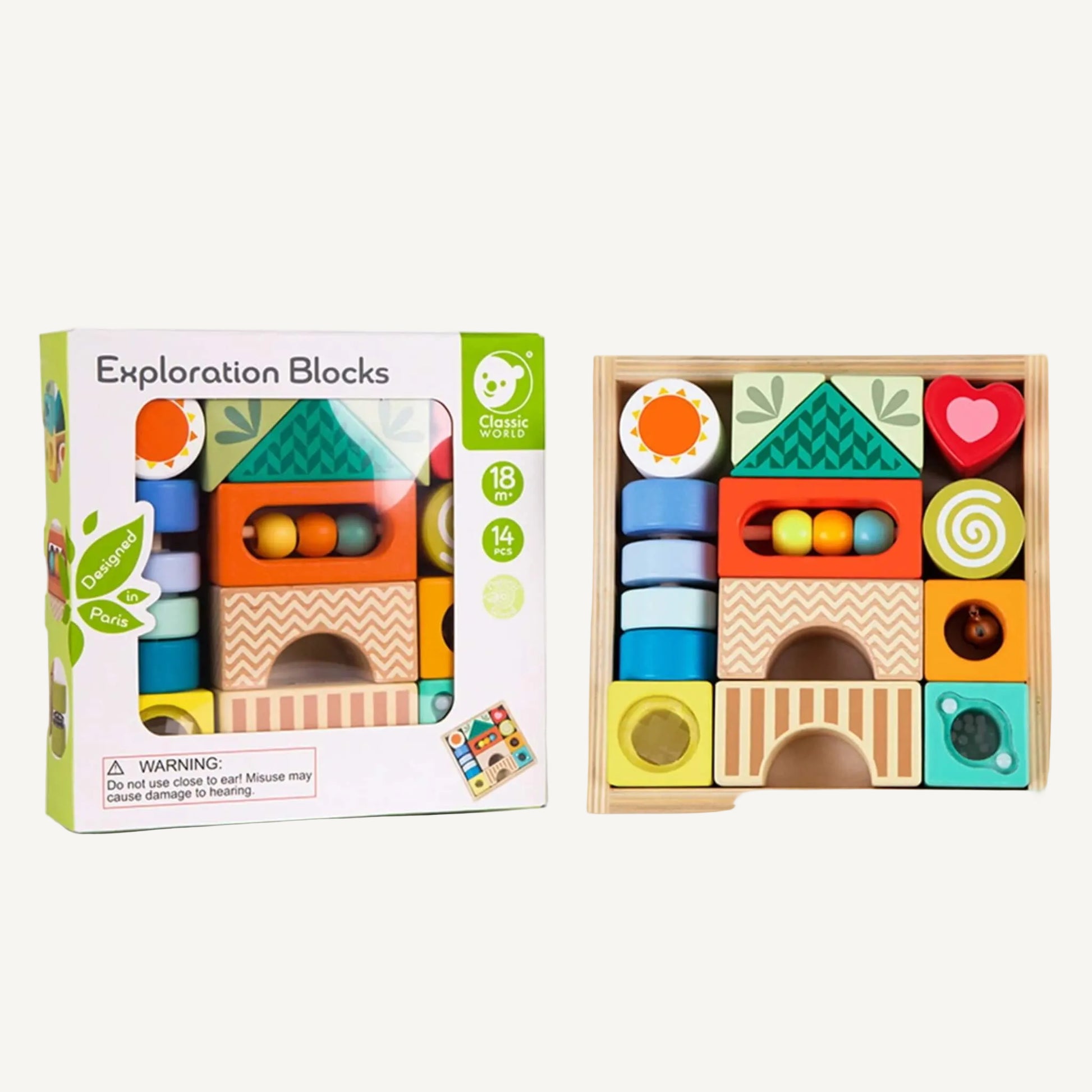 A boxed wooden sensory block set shown beside the contents arranged in a square tray, featuring colourful geometric blocks with beads, cut-out shapes, patterns, and translucent panels.