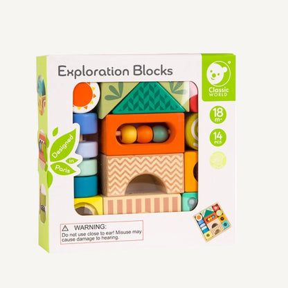 A boxed wooden sensory block set displayed beside the contents arranged in a tray, showing colourful blocks with beads, patterns, and geometric forms.
