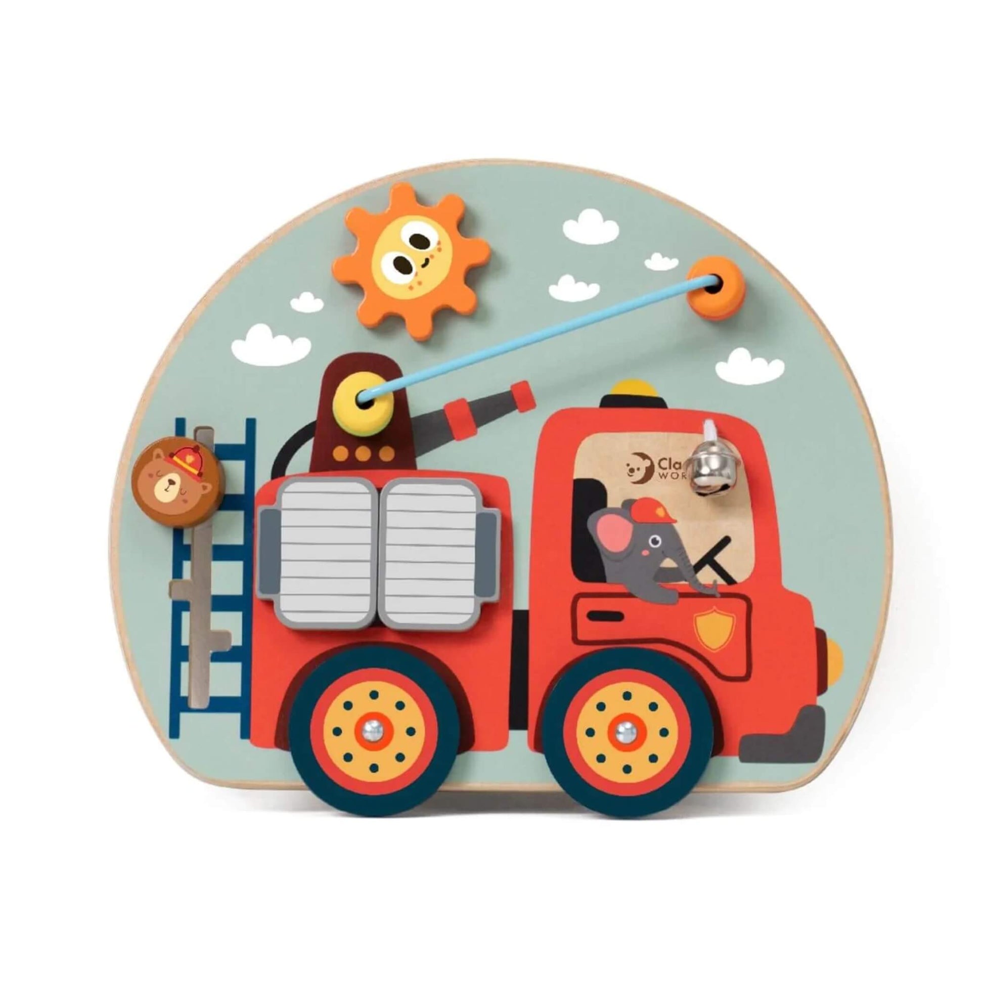 A Classic World Fire Engine Busy Board with colourful wooden details, featuring gears, beads, a ladder, a bell, and a cute mouse driver.