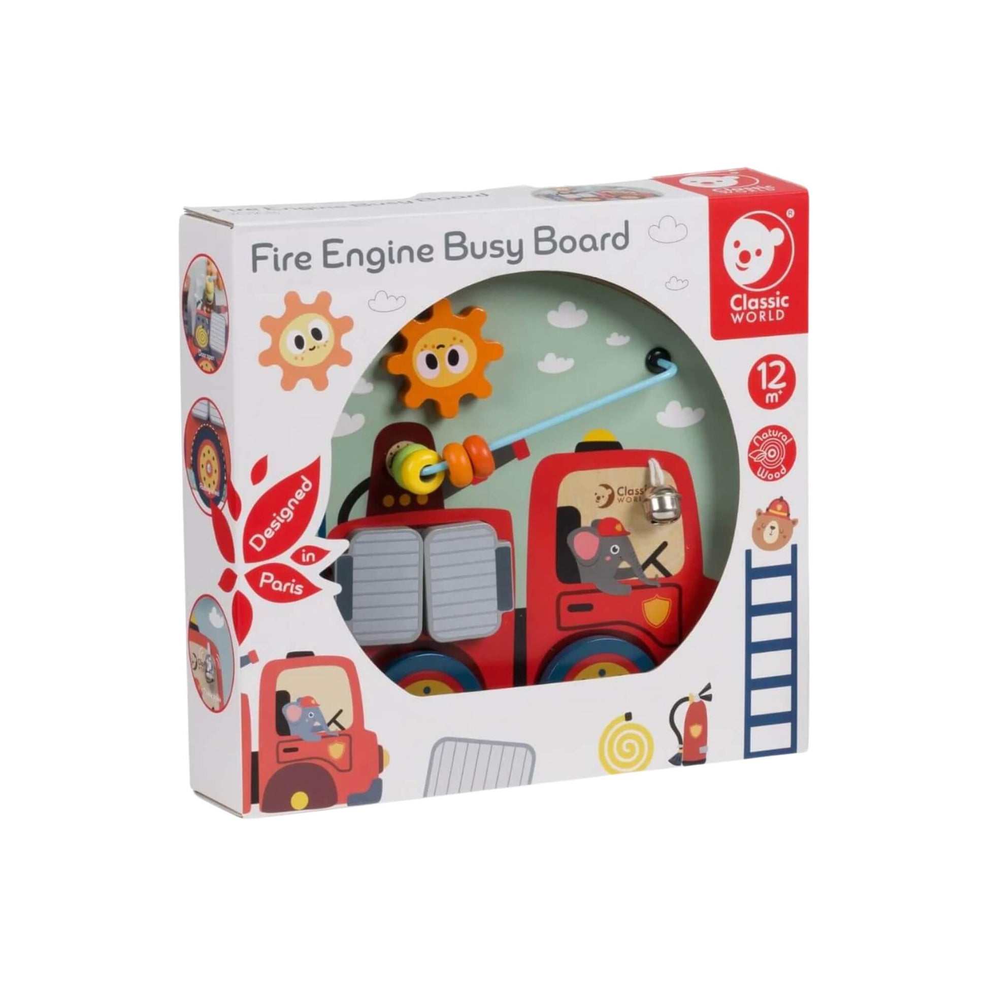 Product packaging showing the Fire Engine Busy Board inside, with playful design details and age label.
