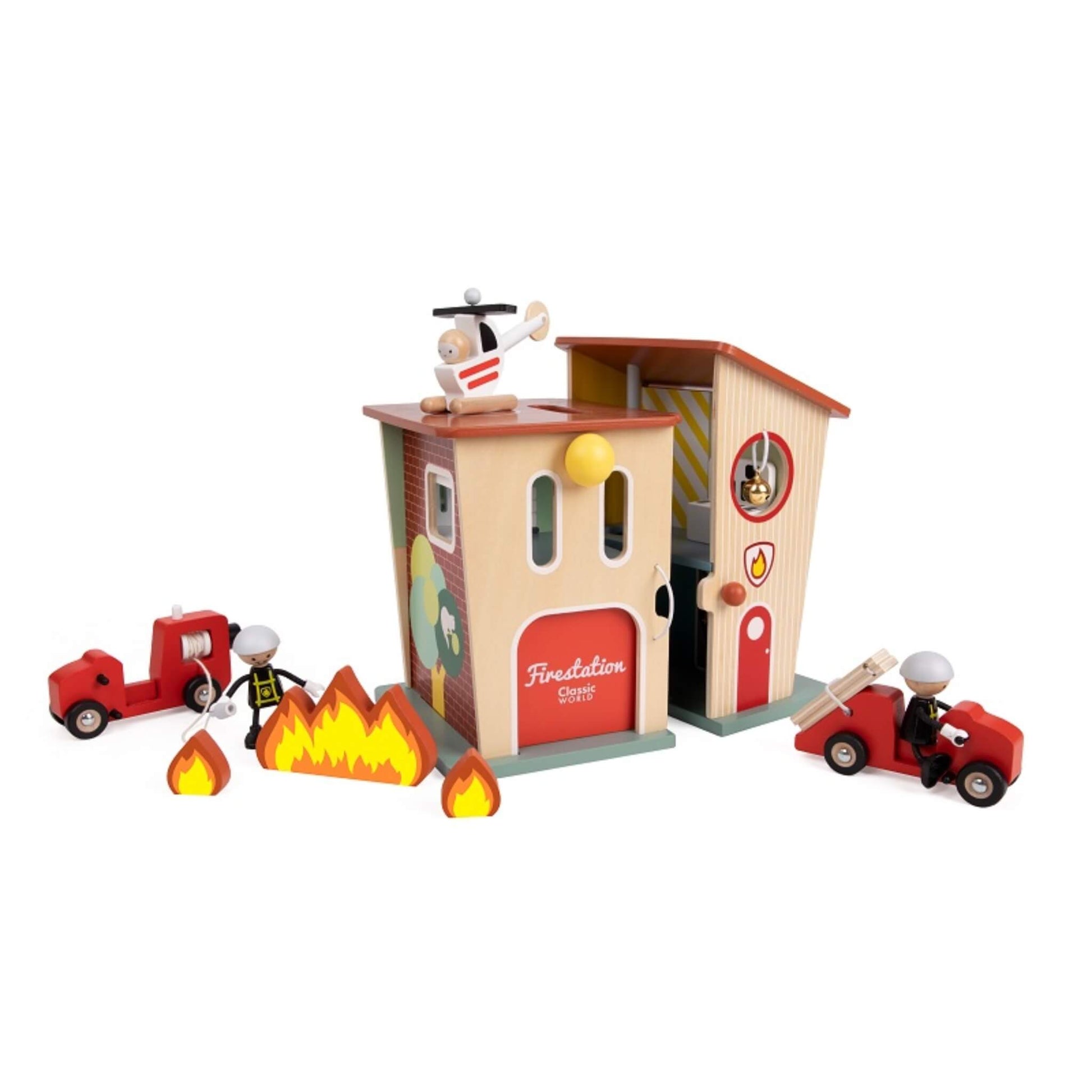 Classic World Wooden Fire Station play set with fire engines, helicopter, firefighter figures and flame pieces arranged around a foldable station.