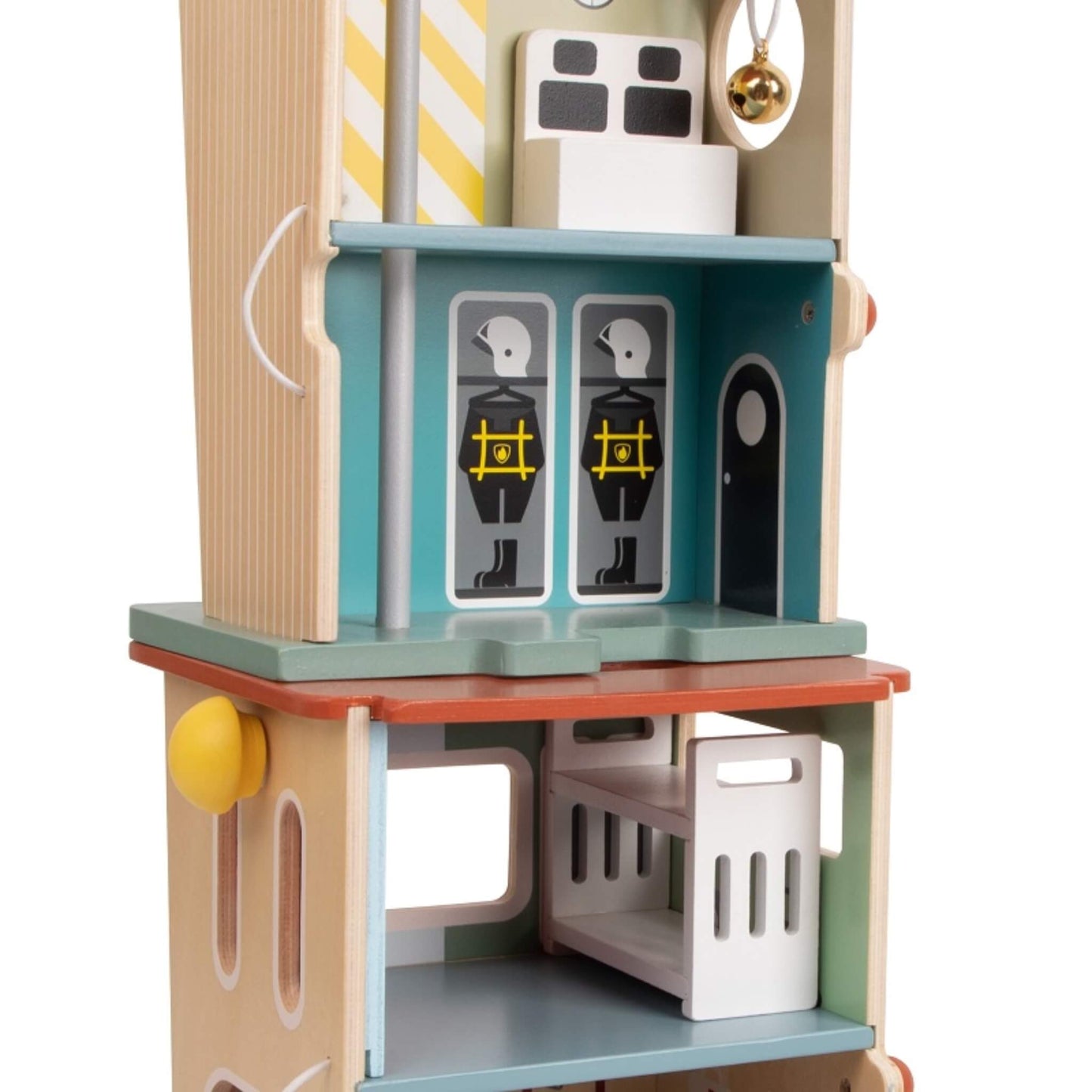 A close-up of a wooden fire station interior showing bunk beds, equipment storage and printed firefighter lockers.