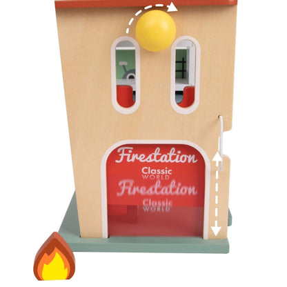 A detailed view of a wooden fire station front with a turning yellow knob and sliding garage door mechanism.