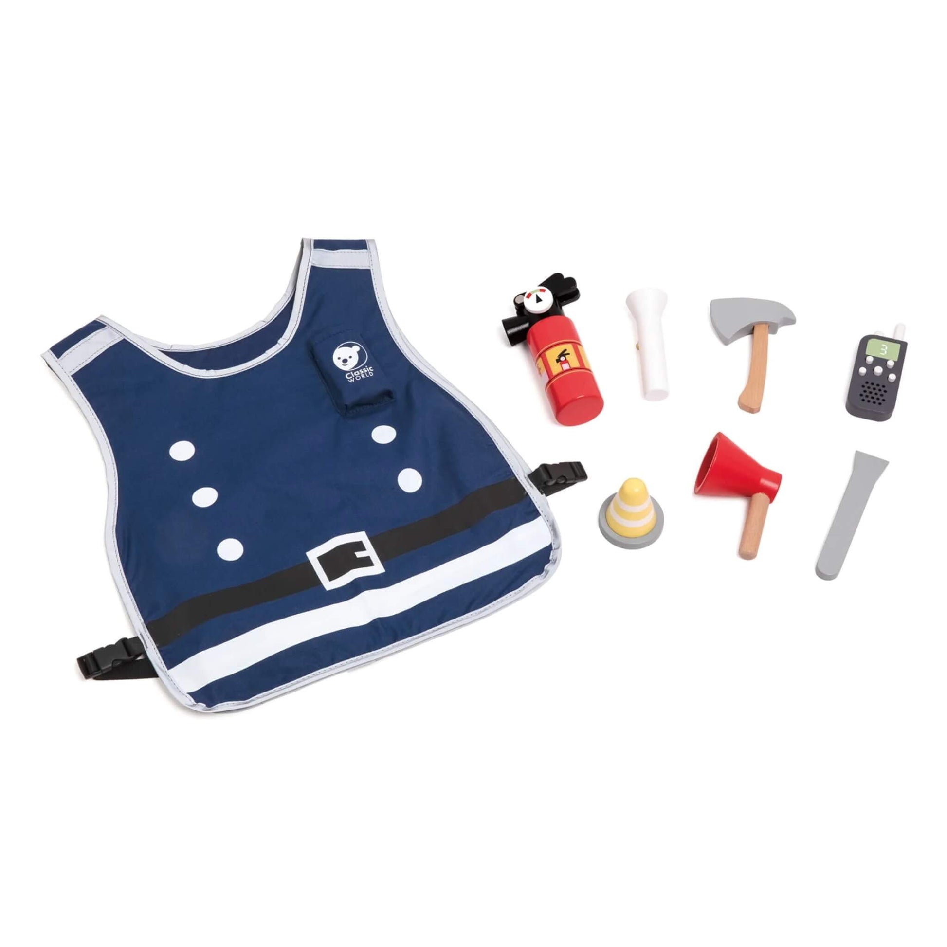 Classic World Firefighting Set toy including a blue firefighter vest, wooden fire extinguisher, megaphone, axe, flashlight, walkie-talkie, and traffic cone.