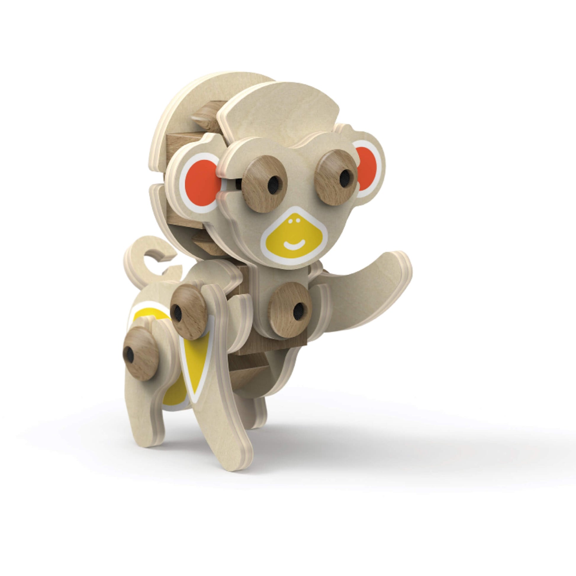 Wooden monkey construction toy with flexible joints posed standing on one leg with arms raised showing movable design.