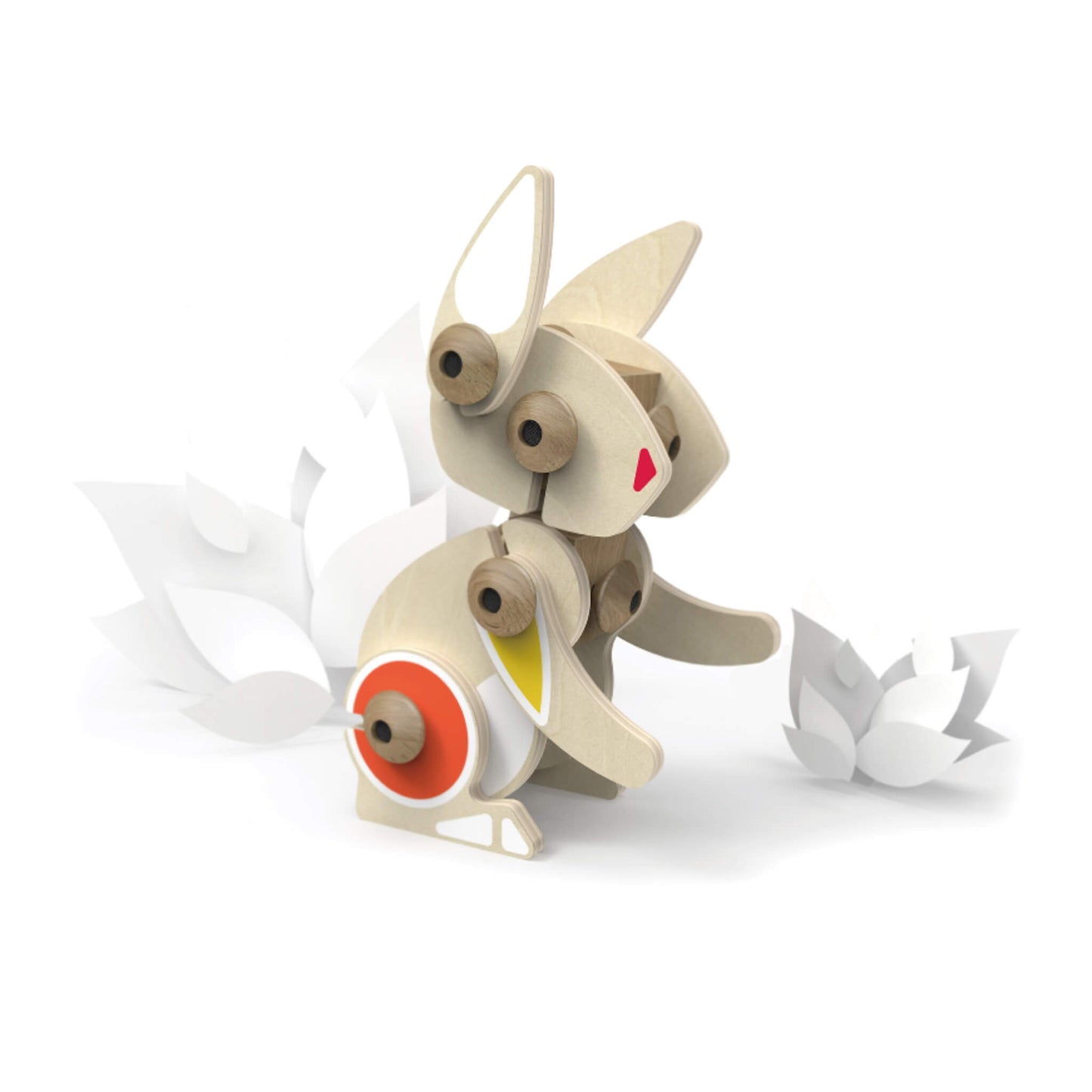 Wooden rabbit construction toy with flexible connectors posed upright with long ears and movable limbs.