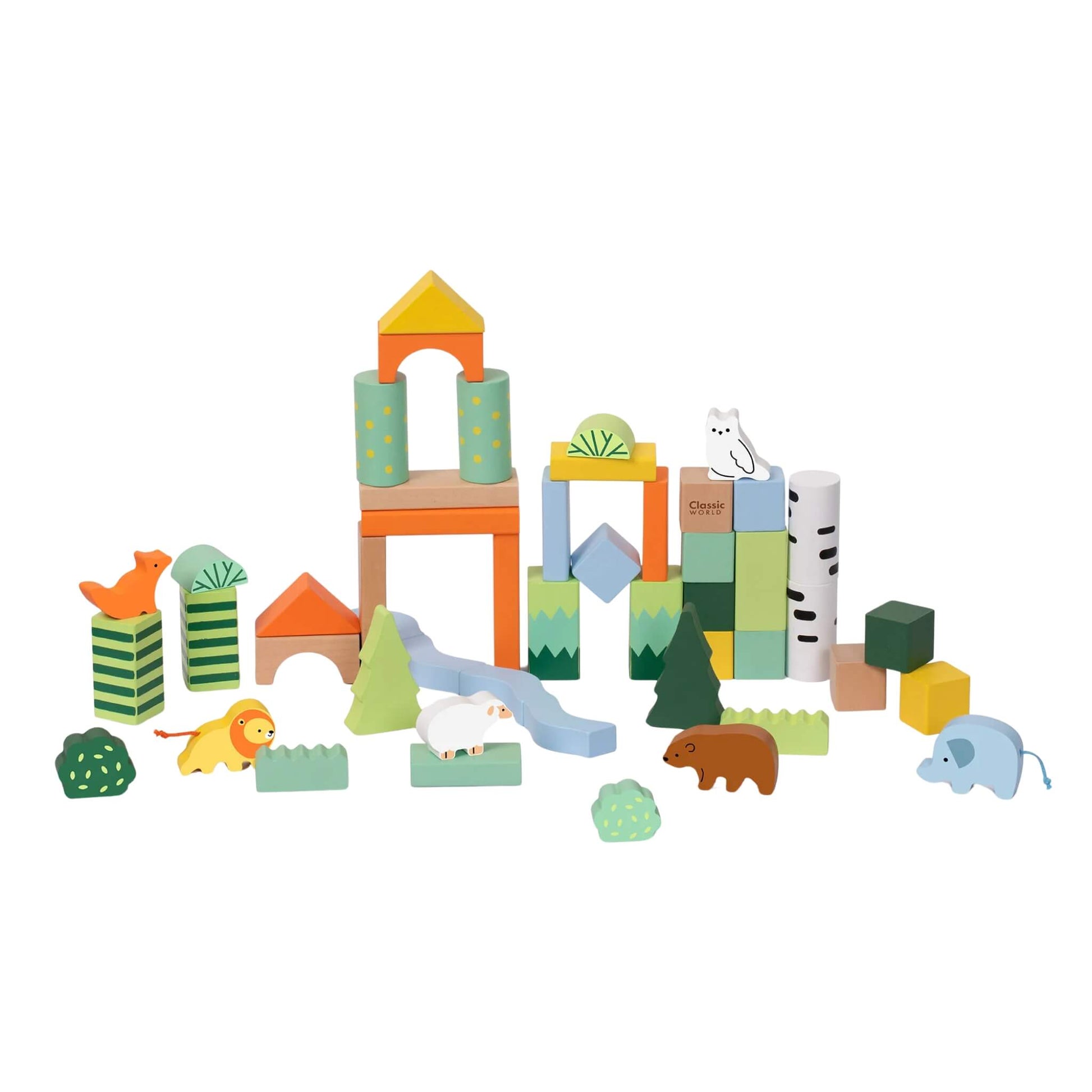 A full set of Classic World Forest Blocks assembled into colourful towers, arches, and nature scenes with animal figures including a lion, bear, fox, owl, sheep, and elephant.