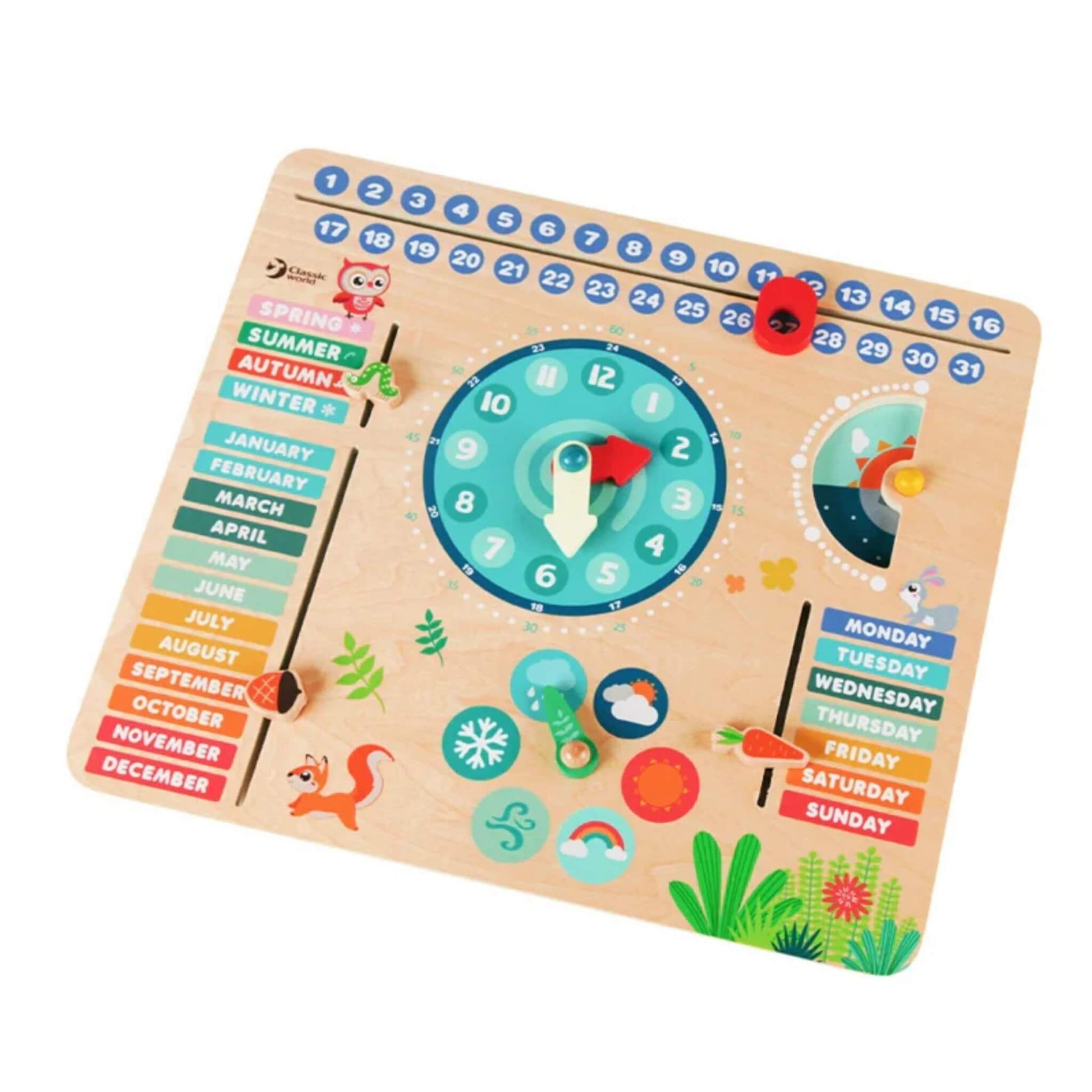 Classic World Forest Calendar wooden activity board with movable date marker, weather dial, seasons, months, days of the week and teaching clock in a colourful woodland design.