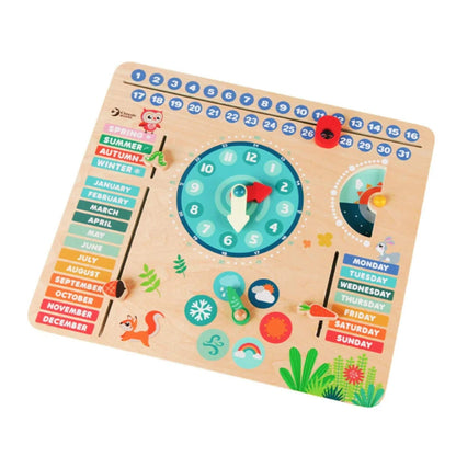 Classic World Forest Calendar wooden activity board with movable date marker, weather dial, seasons, months, days of the week and teaching clock in a colourful woodland design.