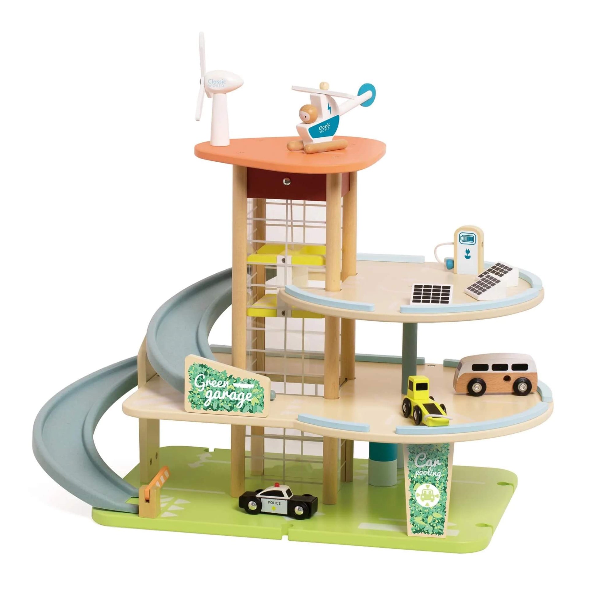 Wooden eco garage playset with ramps, cars, helicopter, wind turbine, and solar panels shown from a side angle.