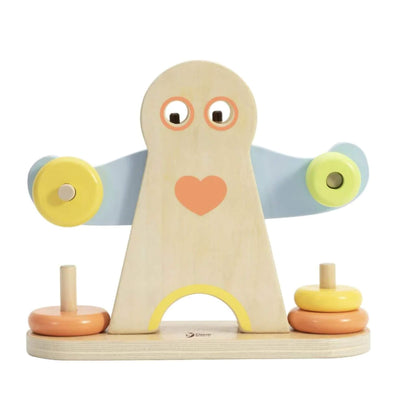 Classic World Hercules Weightlifting Toy made of natural wood with a central figure shaped like a strong man, featuring movable blue arms holding yellow and orange stacking rings on pegs, and a heart painted on its chest.