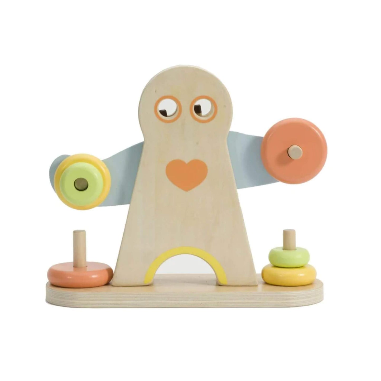 Close-up of a natural wood figure shaped like a strong man with round eyes, painted heart on the chest, and two light blue arms extending sideways, each with wooden discs in pastel yellow and orange stacked on pegs.