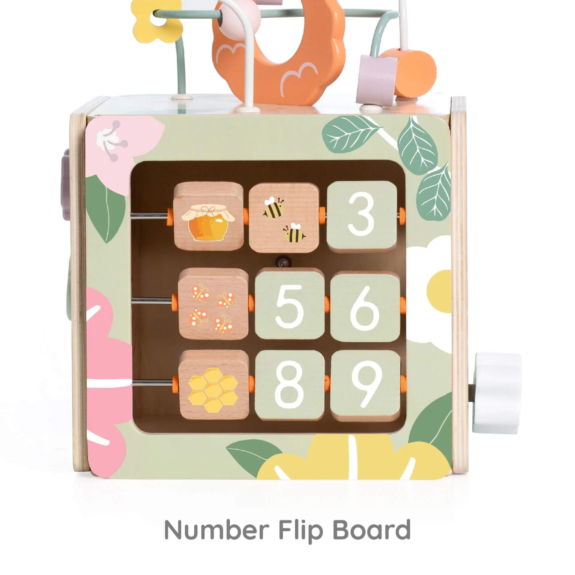 Close-up of the Classic World Honeybee Activity Box showing the number flip board with bee-themed illustrations and wooden tiles.