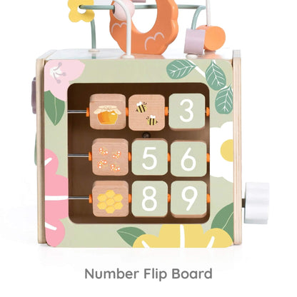 Close-up of the Classic World Honeybee Activity Box showing the number flip board with bee-themed illustrations and wooden tiles.
