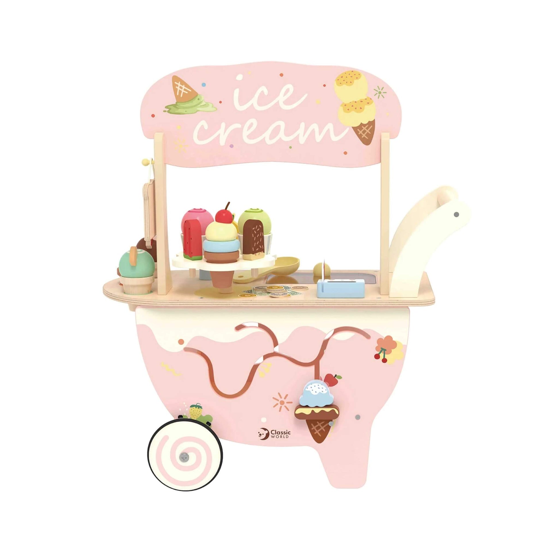 A pastel pink wooden ice cream cart by Classic World, topped with an “ice cream” sign and filled with toy cones, lollies, toppings, and a cash register.