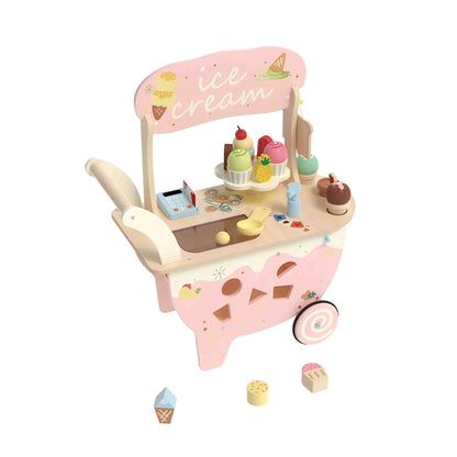 A wooden ice cream cart viewed from above, showing colourful pretend ice creams, cones, lollies, a blue cash register, play coins, and wooden toppings.