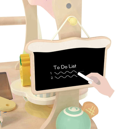 Detailed view of the toy chalkboard hanging on the cart, with “To Do List” written in white chalk and wooden play toppings nearby.