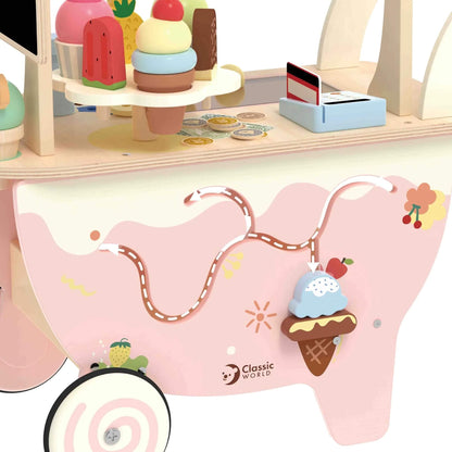 Zoomed-in view of the side maze on the ice cream cart, with a wooden ice cream cone sliding along a curved track decorated with fruit designs.