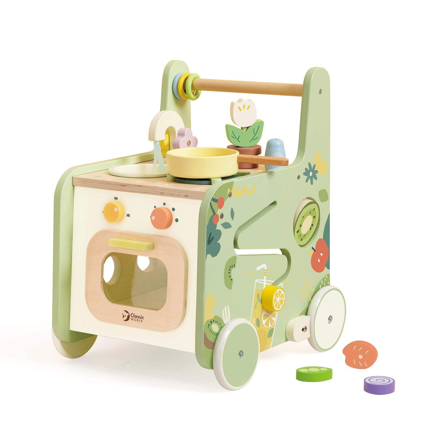 Classic World Kitchen Walker, a pastel wooden 2-in-1 walker with play kitchen, shape sorter, and maze, with toy food pieces and accessories.