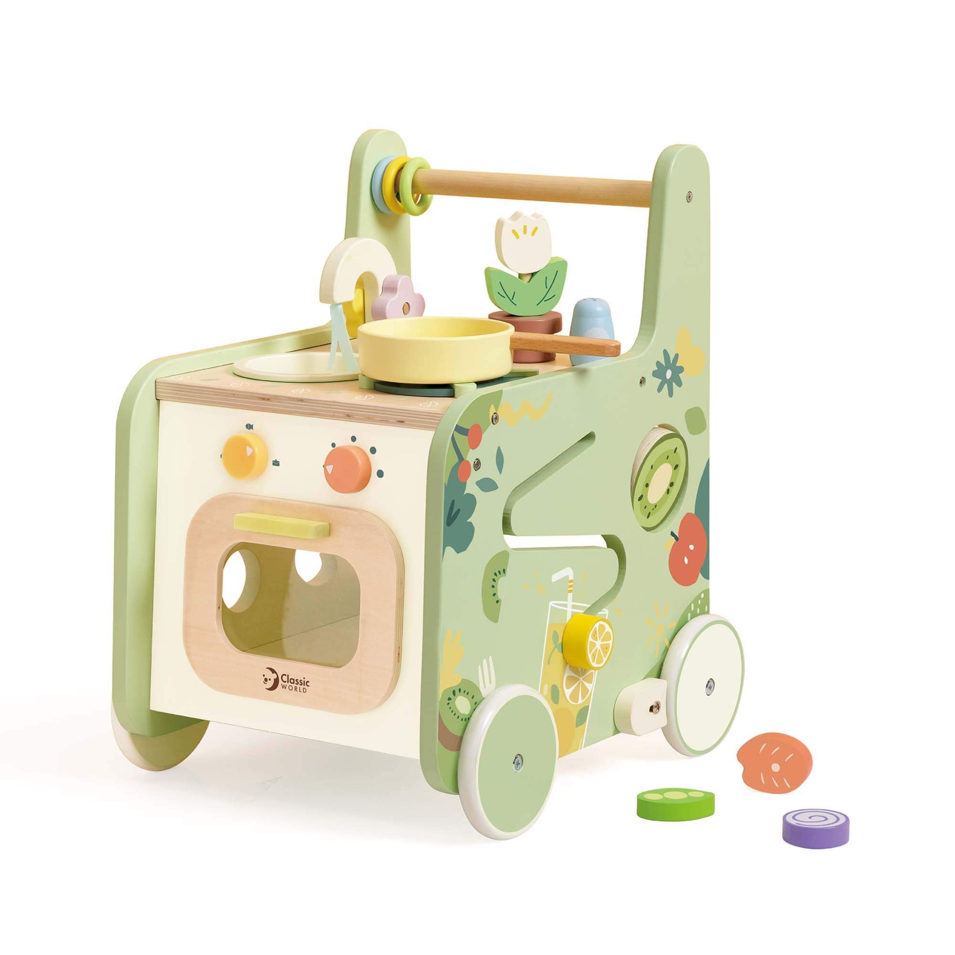 Classic World Kitchen Walker, a pastel wooden 2-in-1 walker with play kitchen, shape sorter, and maze, with toy food pieces and accessories.