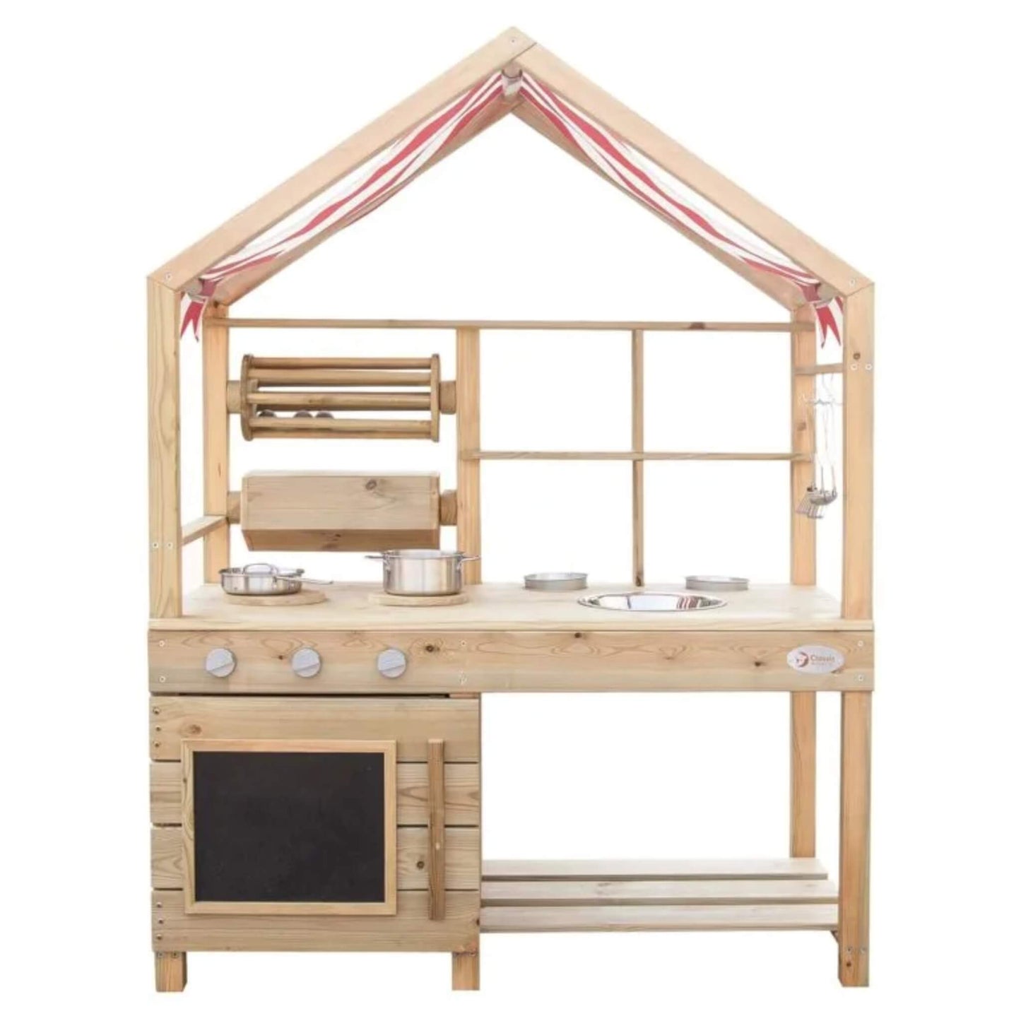 Classic World Large Outdoor Kitchen, a wooden outdoor play kitchen with red-and-white striped canopy, stove, sink, oven, and storage shelves.