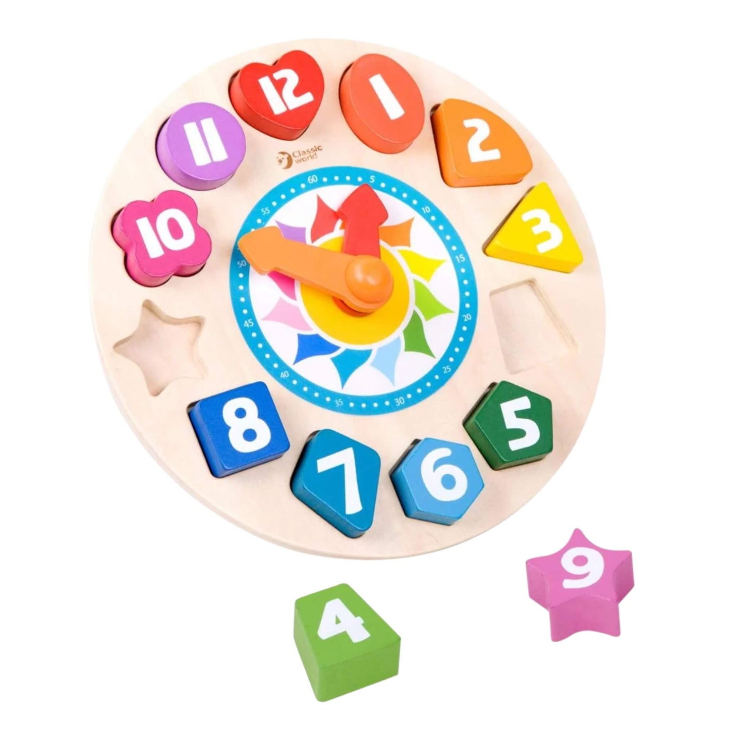 Colourful wooden toy learning clock by Classic World features numbered shape pieces and movable hands, designed to help children learn colours, numbers, and how to tell the time.