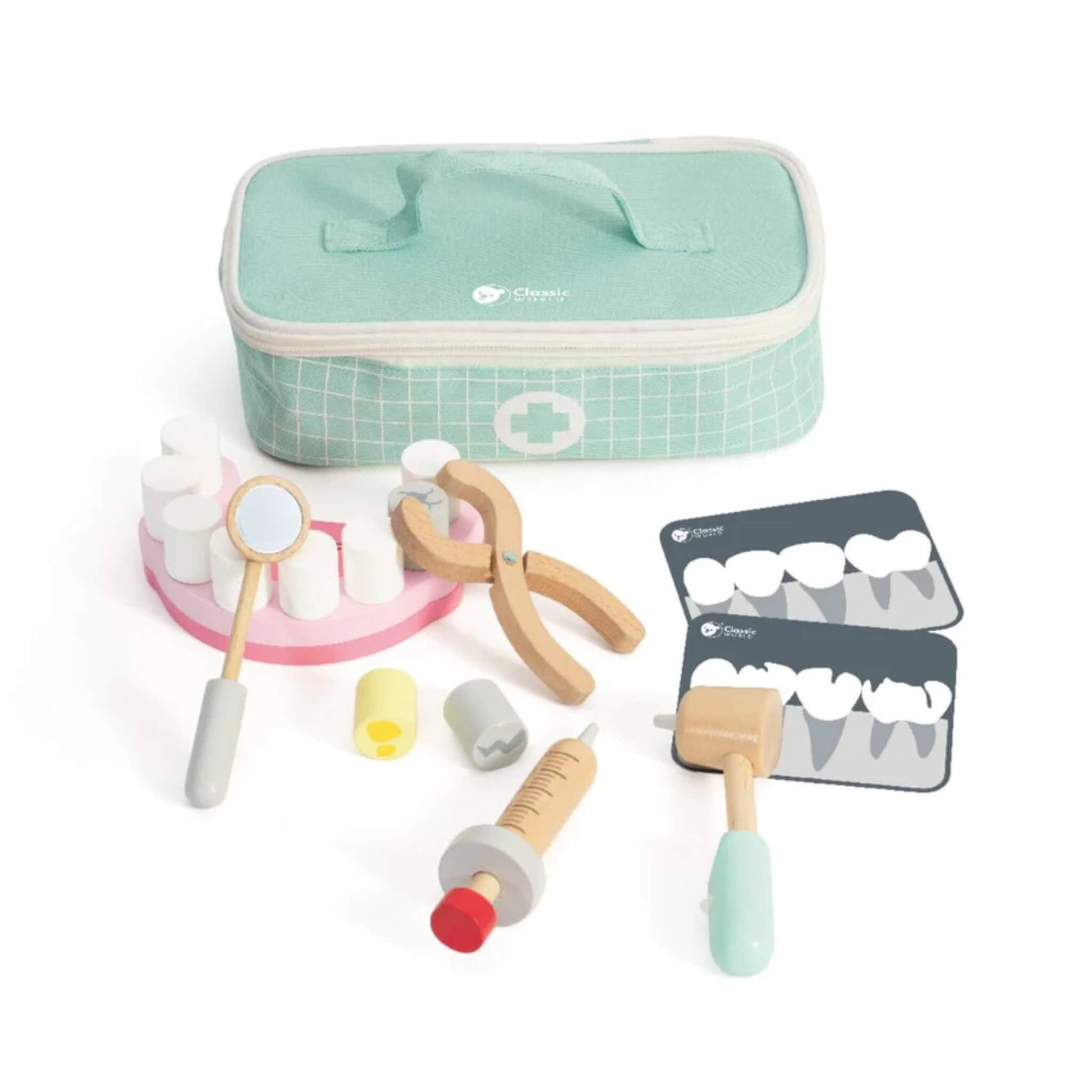 Dentist role play set with wooden syringe, mirror, tooth model, pliers, mallet, and two X-ray cards next to a soft green zip case.