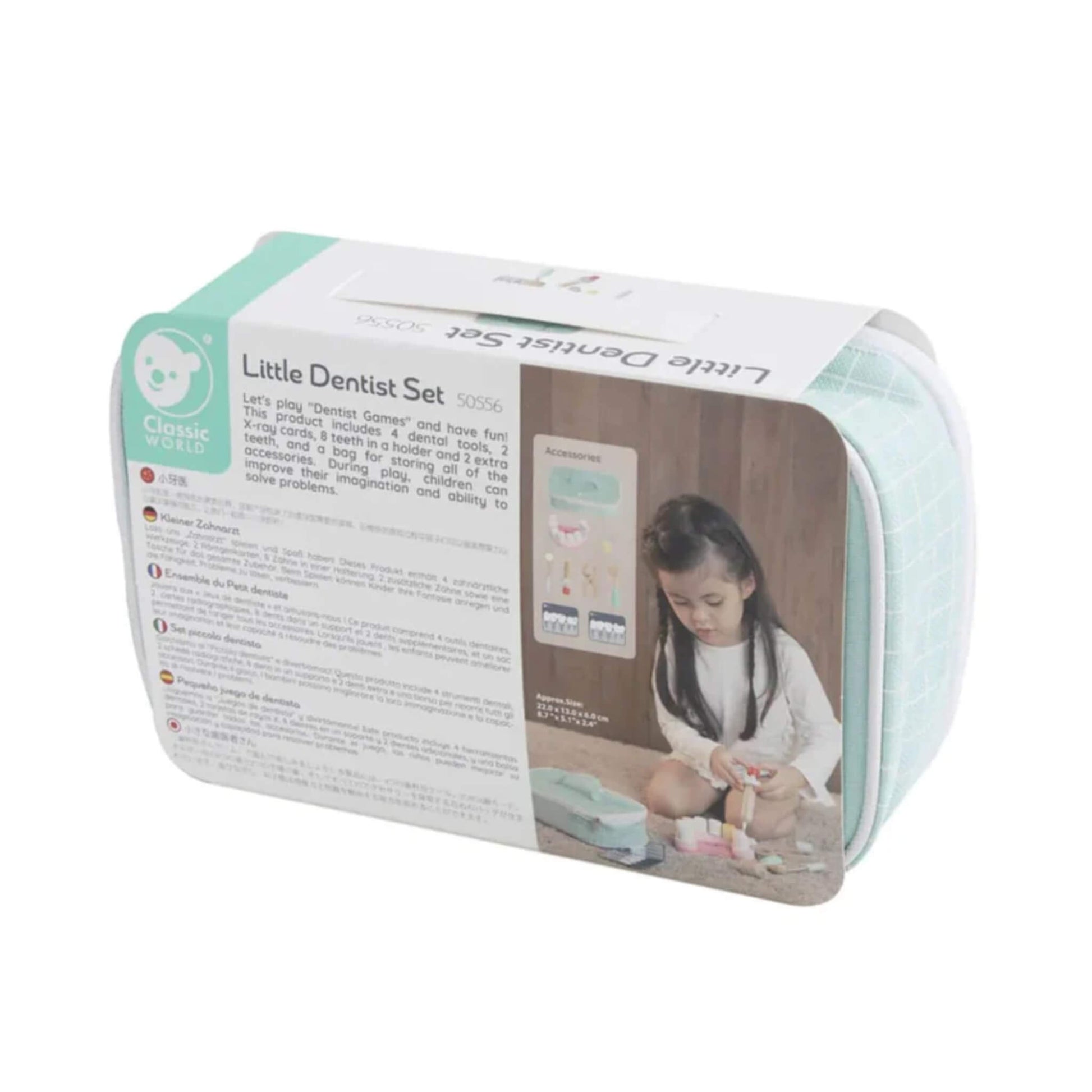 Back view of a boxed child's dentist play set showing product details, accessories list, and an image of a young child playing on the floor.