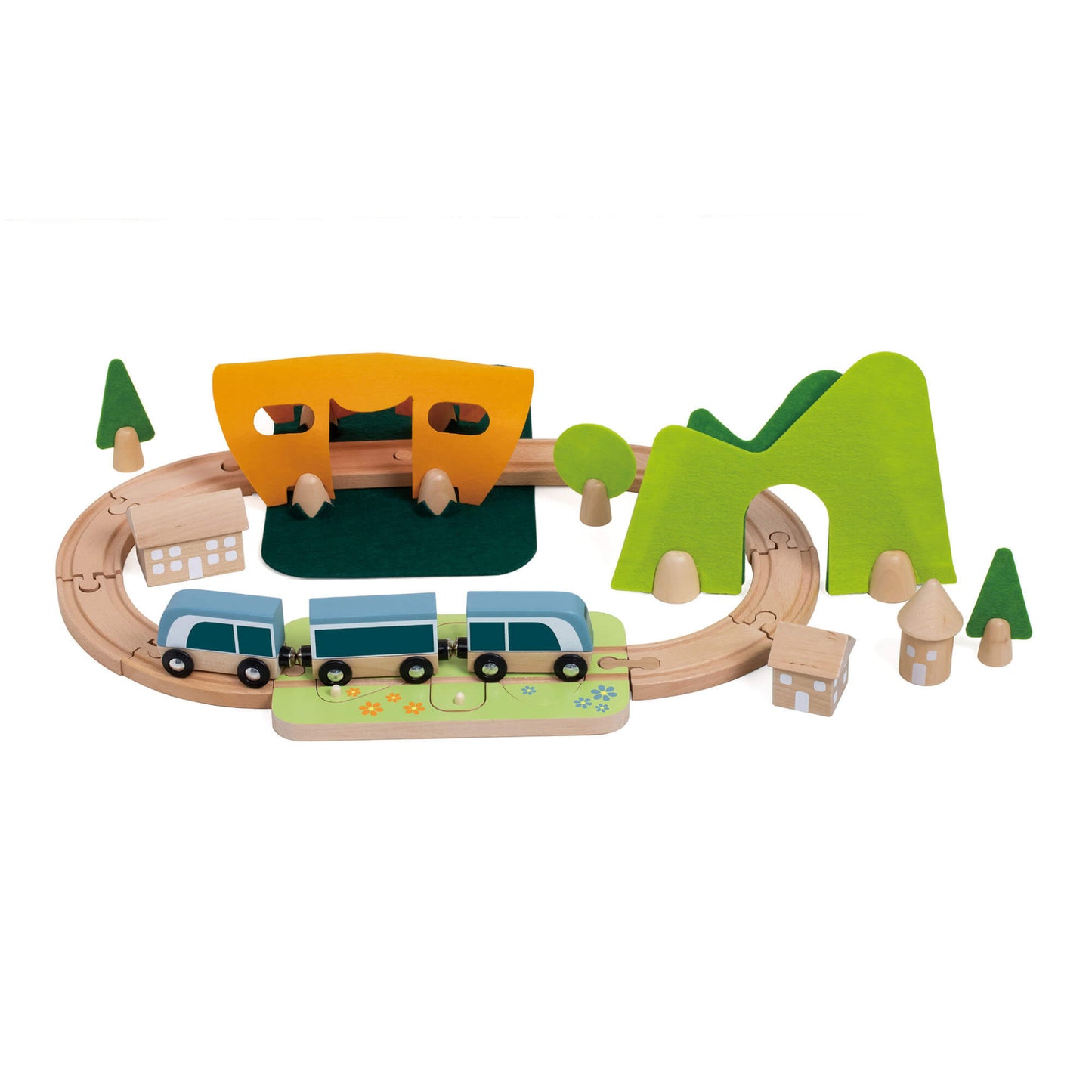 A wooden railway playset, the Classic World Little Train Set features a blue and natural wood train, curved track, orange tunnel, green hill arch, trees, and small houses.
