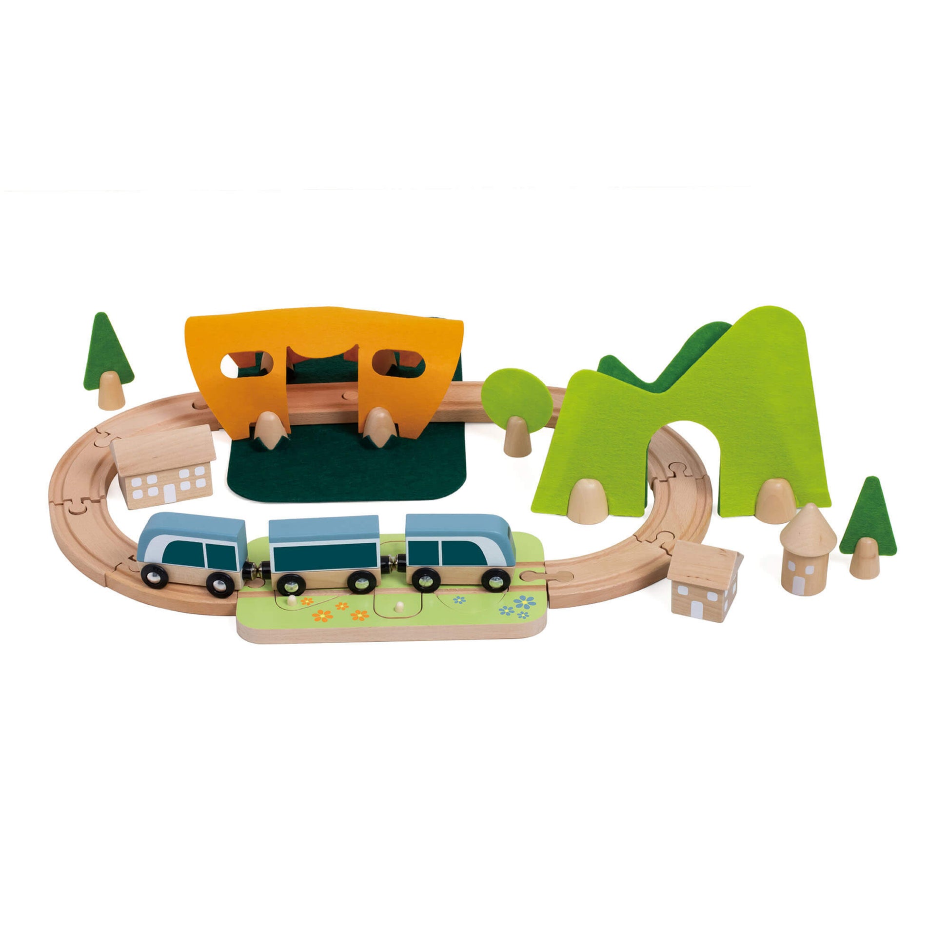 A wooden railway playset, the Classic World Little Train Set features a blue and natural wood train, curved track, orange tunnel, green hill arch, trees, and small houses.