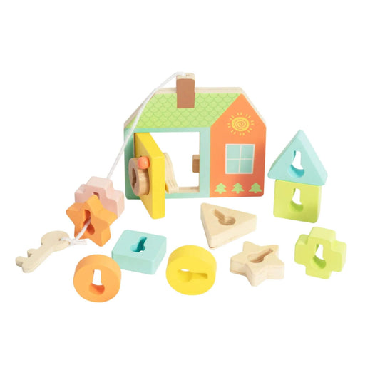 A colourful wooden shape sorter, the Classic World Locking Door features a small house with a locking yellow door, pastel blocks, and a key on a string.