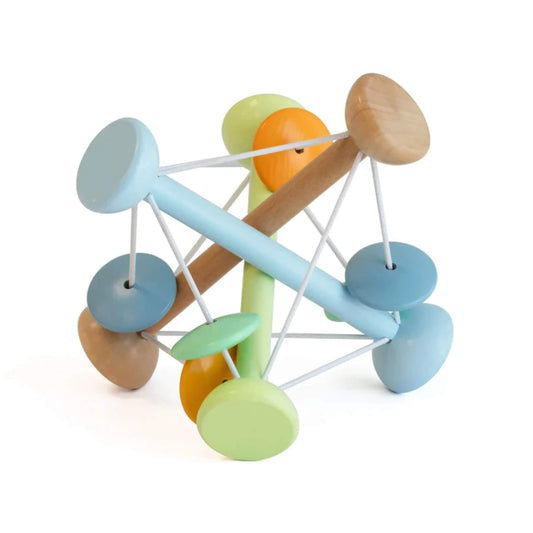 A pastel wooden sensory toy, the Classic World Magic Ball features interconnected rods, elastic cords, and colourful beads for babies to grasp and shake.