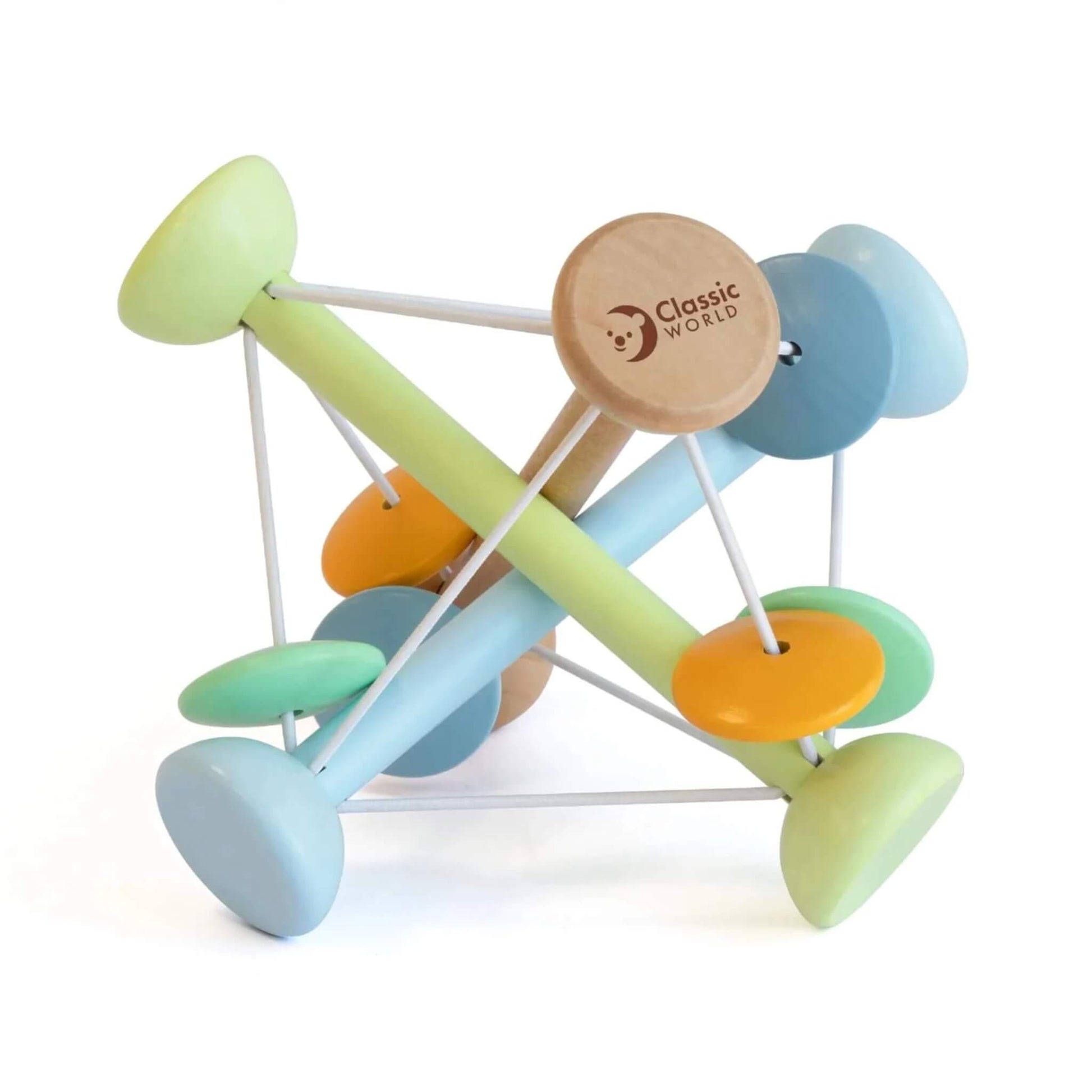 Wooden sensory ball with pastel rods, orange and blue beads, and white elastic cords creating a flexible, squishy structure.