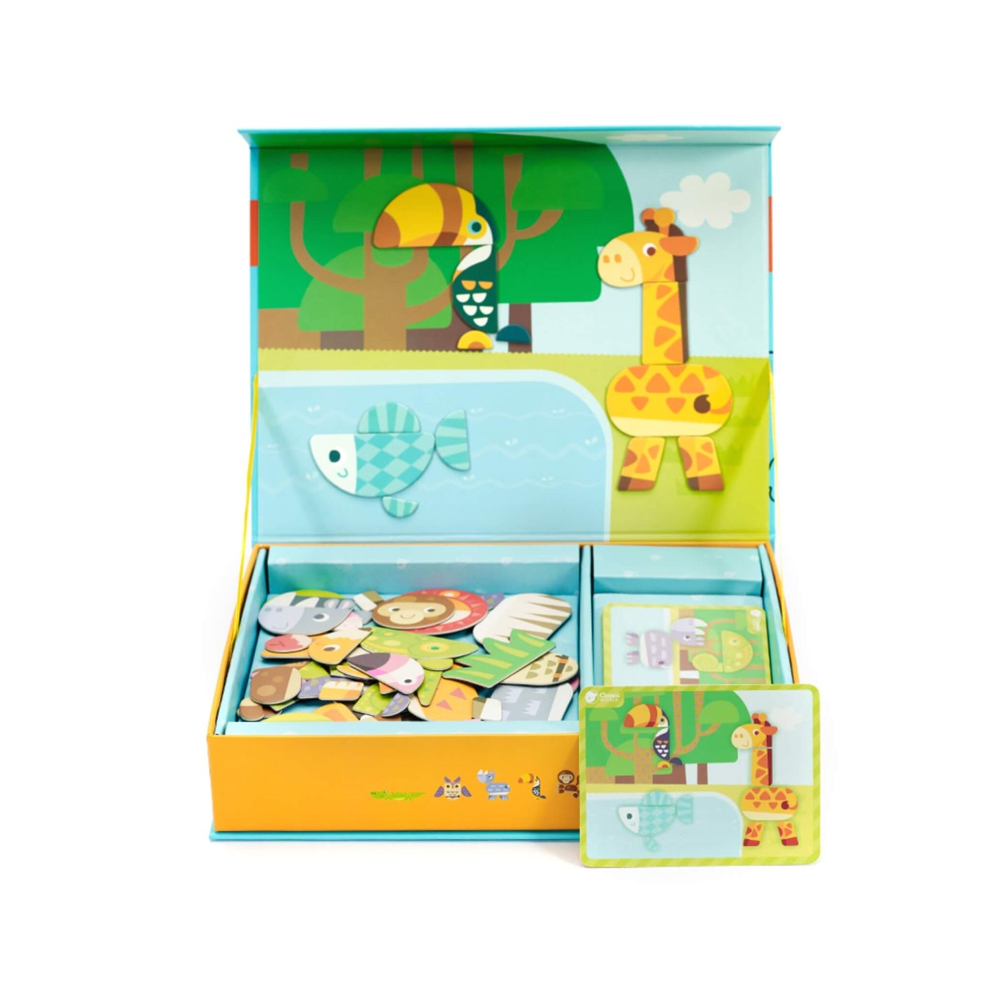 Classic World Magnetic Forest Animals wooden magnetic play set open in storage box with animal scene background and pieces displayed.
