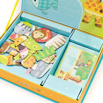 Close-up of wooden magnetic animal pieces stored in compartments showing colourful shapes and character parts.