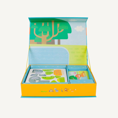 Mgnetic play box showing illustrated forest scene background ready for building animal designs.