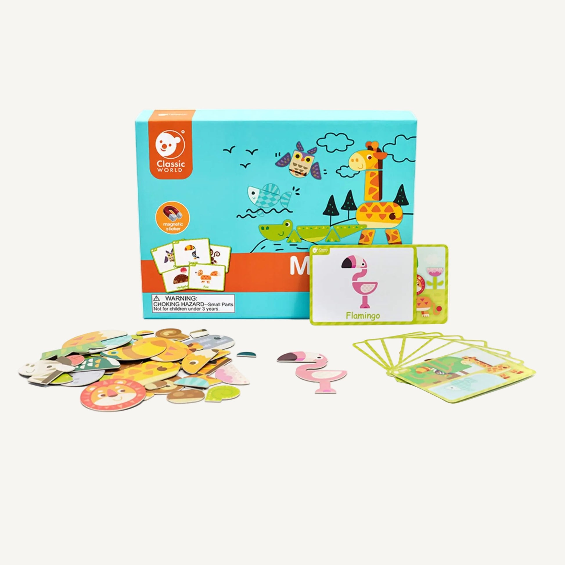 Wooden magnetic animal play set box with loose pieces and example cards laid out showing different animal combinations.