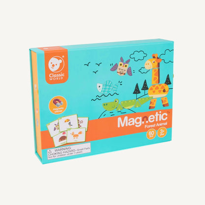 Closed box of magnetic animal play set with illustrated animals on front packaging and product contents displayed alongside.