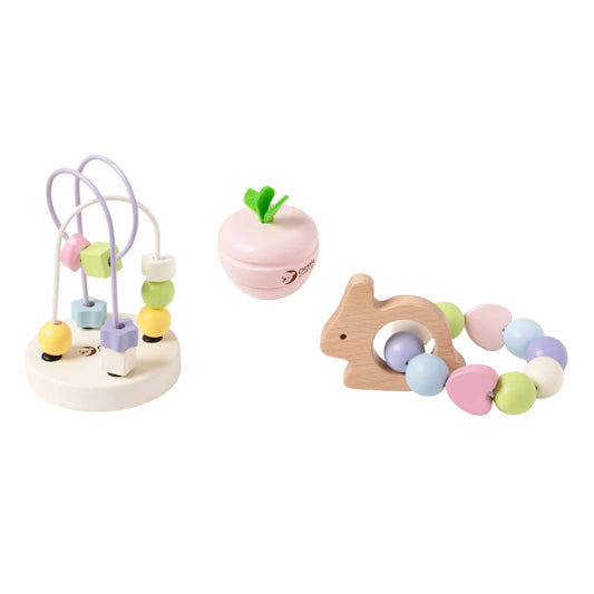 Classic World Mara Baby play Set featuring three pastel wooden toys, including a bead maze, carrot-shaped rattle and bunny lacing toy, displayed on a white background.