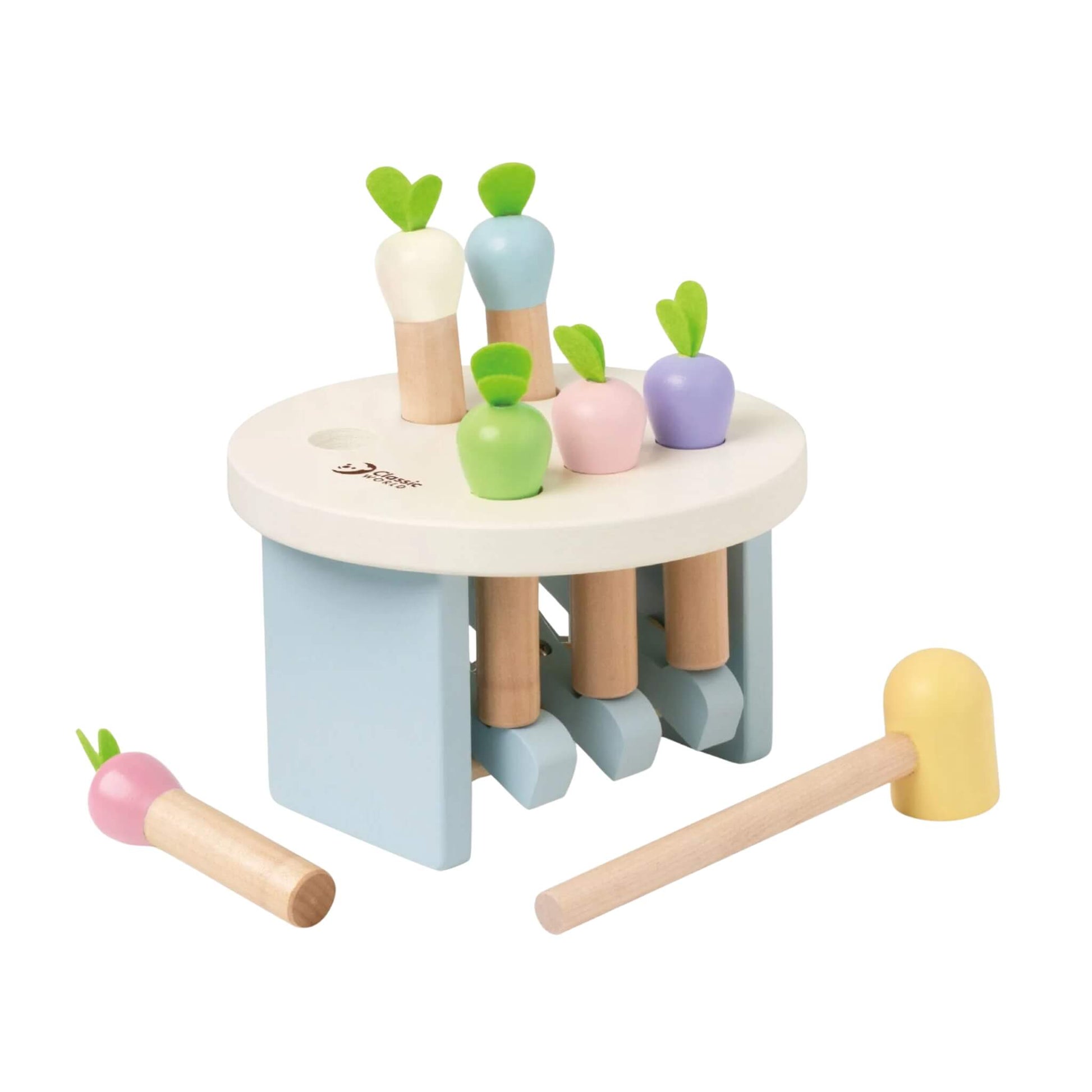 The Classic World Mara Pounding Game with image showing a wooden hammering toy with pastel radish shapes, a white circular top, blue frame, and a small wooden mallet.