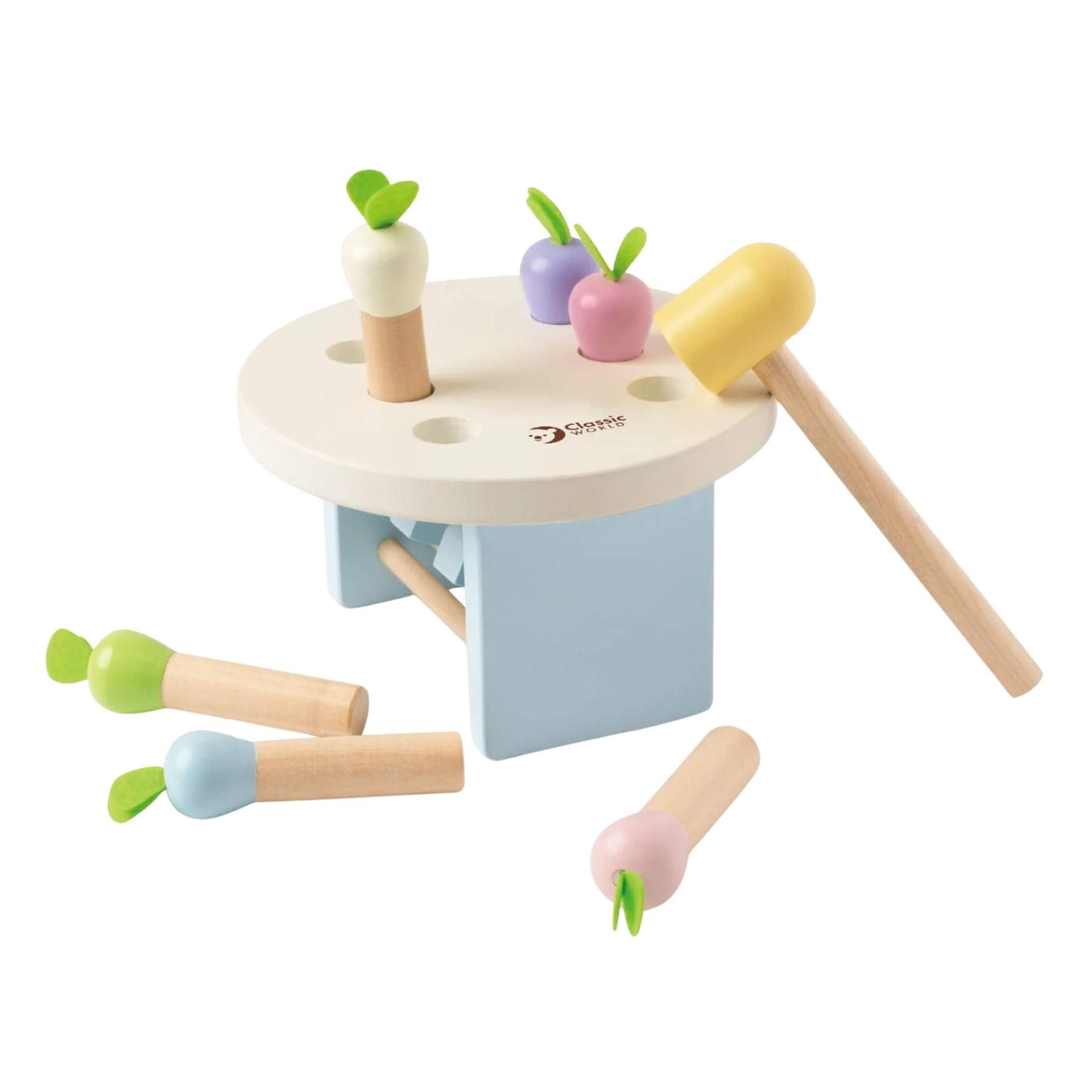 Wooden pounding toy with pastel radish pieces halfway pushed through holes, a yellow mallet resting nearby.