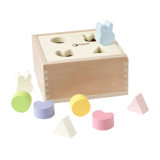 Wooden Classic World Mara Shape Sorter featuring pastel shapes, a sturdy box with slots for pieces to match up with. Aids early learning and skill development.