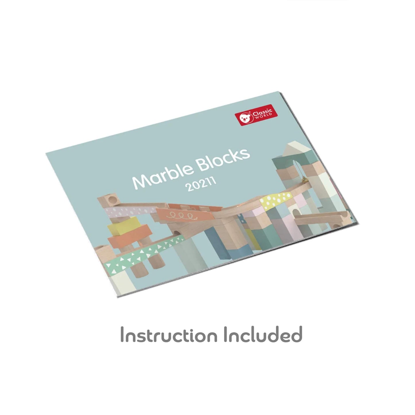 Instruction booklet showing “Marble Blocks 20211” with an illustration of the marble run.