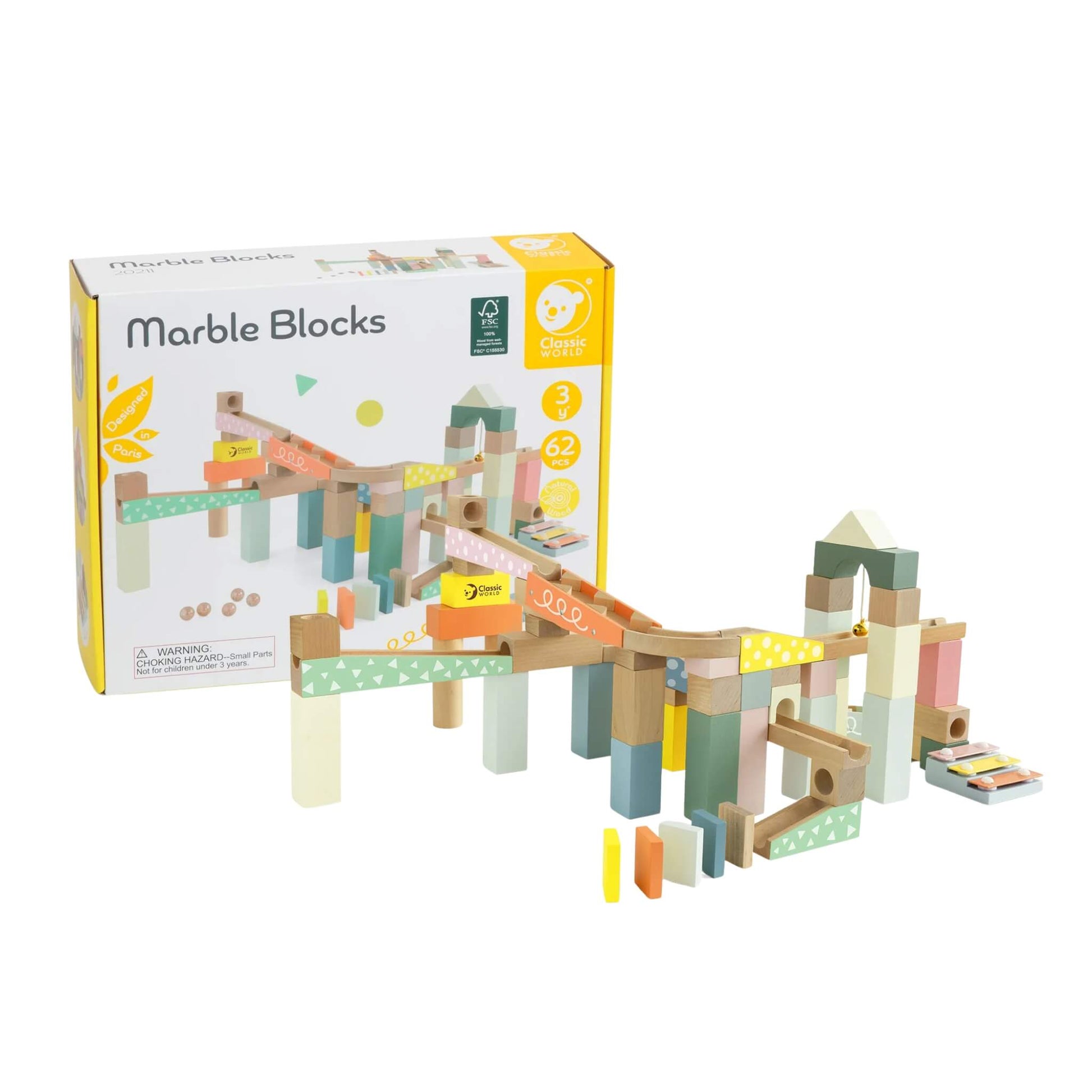 Product packaging showing the Classic World Marble Blocks design, age recommendation, and 62 included pieces.
